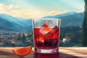 rood cocktail glas realistisch negroni cocktail drinken Aan achtergrond van pittoreske berg visie. ai gegenereerd foto