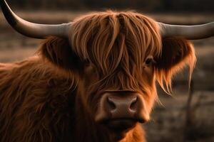 portret van een bruin Schots hoogland vee koe met lang hoorns. ai gegenereerd foto