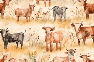 boerderij dieren naadloos patroon koeien vee platteland hand- getrokken waterverf illustratie zomer ontwerp textiel behang kleding stof omhulsel papier. ai gegenereerd foto