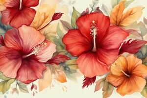 kader van tropisch bloem hibiscus waterverf botanisch illustratie hand getekend groet kaart met plaats tekst uitnodiging naar een bruiloft viering verjaardag. ai gegenereerd foto