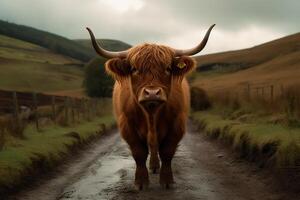 in de buurt een grind weg een hoogland koe met een lang bosje van roodachtig haar- looks Rechtdoor in de camera. ai gegenereerd foto