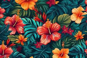 tropisch hawaiiaans patroon met hibiscus bloemen en weelderig vegetatie ideaal exotisch achtergronden. ai gegenereerd foto