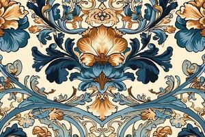 2d behang patroon exotisch bloemen patroon hand geschilderd stijl naadloos tegel verguld leeftijd pastel melrose viooltjes rozen gebroken wit beige en goud geel en blauw William morris stijl. ai gegenereerd foto