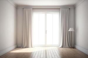 wit leeg kamer mockup met bruin gordijn wit deur en hout verdieping 3d illustratie. ai gegenereerd foto