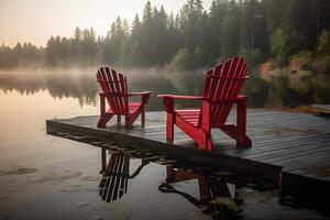 twee rood adirondack stoelen Aan een houten dok Aan een meer. ai gegenereerd foto