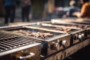 dichtbij omhoog barbecue grills Bij barbecue partij vakantie tijd van familie en vrienden. ai gegenereerd foto