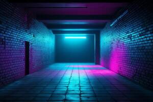 neon retro steen muren club de nevel donker mistig leeg gang gang kamer garage studio dans gloeiend blauw Purper plek lichten beton verdieping 3d weergave. ai gegenereerd foto