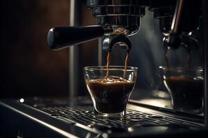 espresso machine giet vers zwart koffie detailopname. ai gegenereerd foto