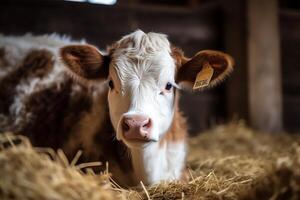 schattig koe in een schuur met een hooiberg. ai gegenereerd foto