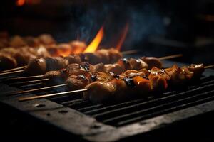 detailopname van yakitori spiesjes sissend Aan een houtskool rooster met rook stijgende lijn en vlammen flikkeren in de achtergrond. ai gegenereerd foto