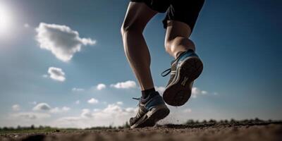 dichtbij omhoog atleet loper voeten rennen Aan de weg. rennen voor gezond leven achtergrond. generatief ai foto