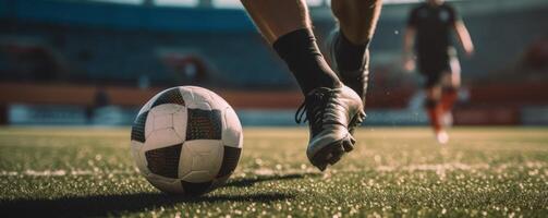 Amerikaans voetbal of voetbal speler spelen met de bal in stadion. generatief ai foto