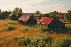 dorp schuur en verlaten boerderij huizen gemaakt van rood hout in veld. ai gegenereerd foto