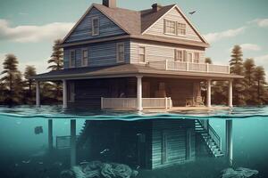 huis onder water 3d illustratie. ai gegenereerd foto