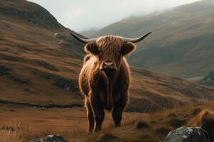 Schots koe in de bergen. ai gegenereerd foto