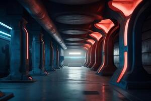 buitenaards wezen sci fi futuristische kolommen ruimteschip blauw rood lichten hangar groot beton cement asfalt kelder gang studio toonzaal bunker garage 3d weergave. ai gegenereerd foto