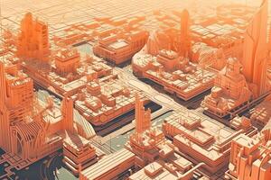 antenne visie van futuristische stad metaverse zonnig dag parametrisch gebouwen afbeelding. ai gegenereerd foto