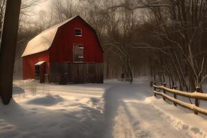 rood schuur in winter. ai gegenereerd foto