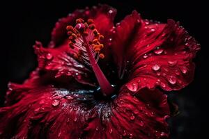 een macro beeld van een karmozijn hibiscus bloeien. ai gegenereerd foto