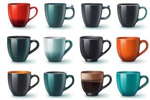 reeks van zwart cups Aan wit achtergrond realistisch koffie mokken met omgaan met verzameling van cups met verschillend kleur binnen thee koffie en heet drank jpg illustratie. ai gegenereerd foto