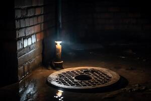 opvangbak pomp mangat met water backup bekeken met een zaklamp. ai gegenereerd foto