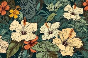 tropisch hawaiiaans patroon met hibiscus bloemen en weelderig vegetatie ideaal exotisch achtergronden. ai gegenereerd foto