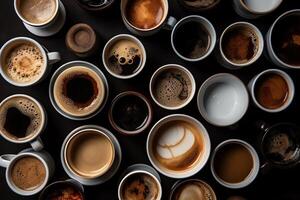 top visie van divers koffie mokken en cups met verschillend types van koffie. ai gegenereerd foto