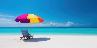 zomer stoel en paraplu Aan tropisch zee en strand met blauw lucht achtergrond. generatief ai foto