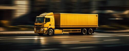 vrachtauto met lading het rijden Aan de weg met stadsgezicht beweging vervagen achtergrond. generatief ai foto