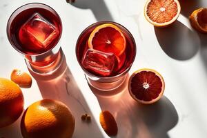 negroni cocktails met bloed sinaasappels overhead vlak leggen schot Aan een wit achtergrond met schaduwen en. ai gegenereerd foto