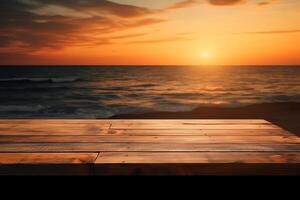 leeg houten tafel top Product Scherm vitrine stadium tropisch zomer zonsondergang strand bar achtergrond. ai gegenereerd foto