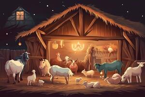 Kerstmis geboorte van Jezus geboorte tafereel met schuur en dieren. ai gegenereerd foto
