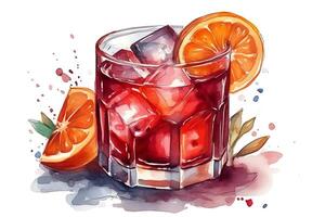 negroni cocktail waterverf hand- getrokken illustratie drinken clip art Aan wit achtergrond. ai gegenereerd foto