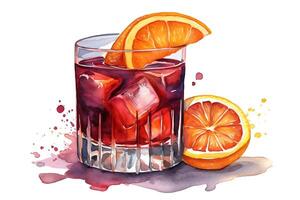 waterverf negroni cocktail met oranje plak geïsoleerd Aan wit achtergrond waterverf drinken illustratie. ai gegenereerd foto