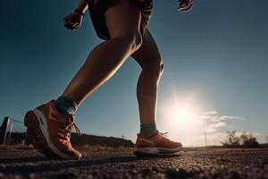 dichtbij omhoog atleet loper voeten rennen Aan de weg. rennen voor gezond leven achtergrond. generatief ai foto