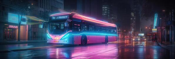 bus het rijden Aan de weg Bij nacht met gloeiend neon lichten beweging vervagen achtergrond. generatief ai foto