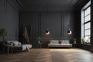 wijnoogst modern interieur van leven kamer leeg kamer donker grijs muur en hout vloeren 3d weergave. ai gegenereerd foto