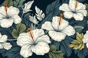 decoratief achtergrond met hawaiiaans wit hibiscus bloemen. ai gegenereerd foto
