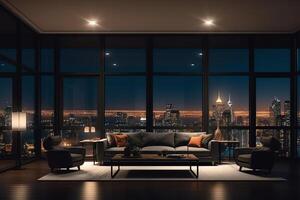 leven kamer nacht stad visie uit van glas ramen modern ontwerp appartement interieur met meubilair. ai gegenereerd foto