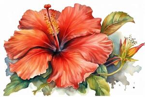 hibiscus bloem geschilderd in waterverf Aan een geïsoleerd wit achtergrond botanisch illustratie tropisch bloemen. ai gegenereerd foto