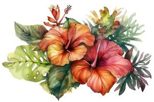 waterverf boeket met tropisch bloem en groen bladeren realistisch kleurrijk hibiscus en monstera. ai gegenereerd foto