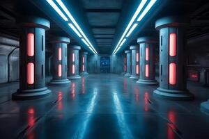 buitenaards wezen sci fi futuristische kolommen ruimteschip blauw rood lichten hangar groot beton cement asfalt kelder gang studio toonzaal bunker garage 3d weergave. ai gegenereerd foto