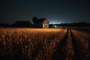 een maïs veld- met een schuur in de achtergrond Bij nacht. ai gegenereerd foto