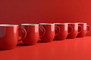 koffie mokken in een rij rood achtergrond 3d weergave. ai gegenereerd foto