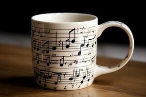 koffie mok met muziek- themed ontwerp zo net zo vel muziek- technologie. ai gegenereerd foto