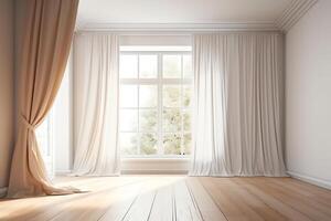 leeg wit kamer bespotten omhoog met wit venster bruin gordijn en houten verdieping 3d illustratie. ai gegenereerd foto