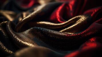 zwart, rood en goud kleding stof in golvend bokeh abstract achtergrond. generatief ai foto