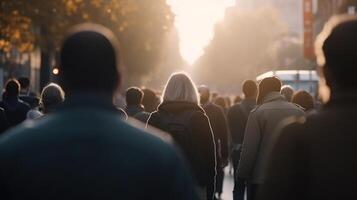 stad leven in beweging. een bokeh vervagen van mensen wandelen door de bezig straten. generatief ai foto