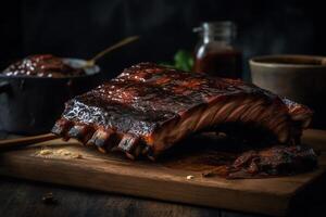 bbq gerookt ribben met een donker achtergrond gemaakt met helpen van. ai gegenereerd foto