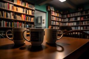 twee koffie mokken zittend Aan een tafel in voorkant van een boek plank in een bibliotheek Oppervlakte van een bibliotheek Oppervlakte met boekenkasten in de achtergrond. ai gegenereerd foto